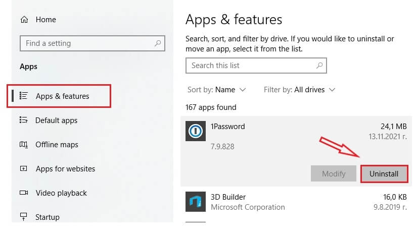 Apps and Features screen in Windows Settings